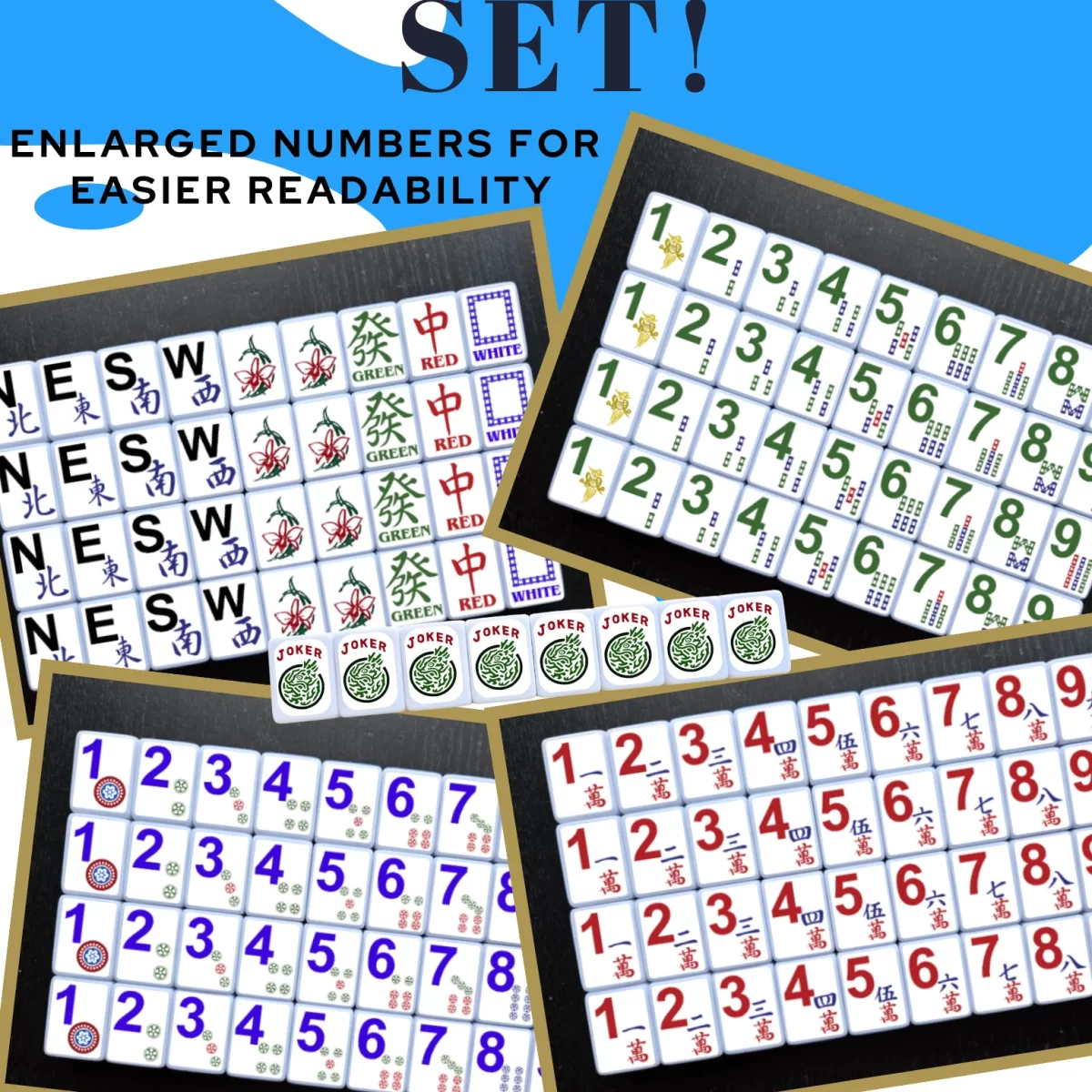 American Mahjong set with Large Numbers for easier readability - Full Mahjong Set (Enlarged Numbers)